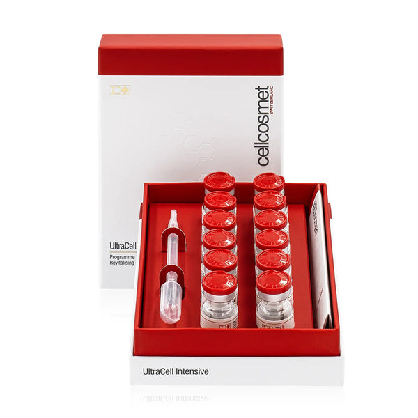 Cellcosmet skincare product set with red and white packaging on a white background