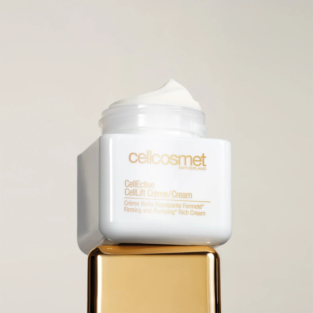 Cosmetic cream jar with visible brand name on a neutral background