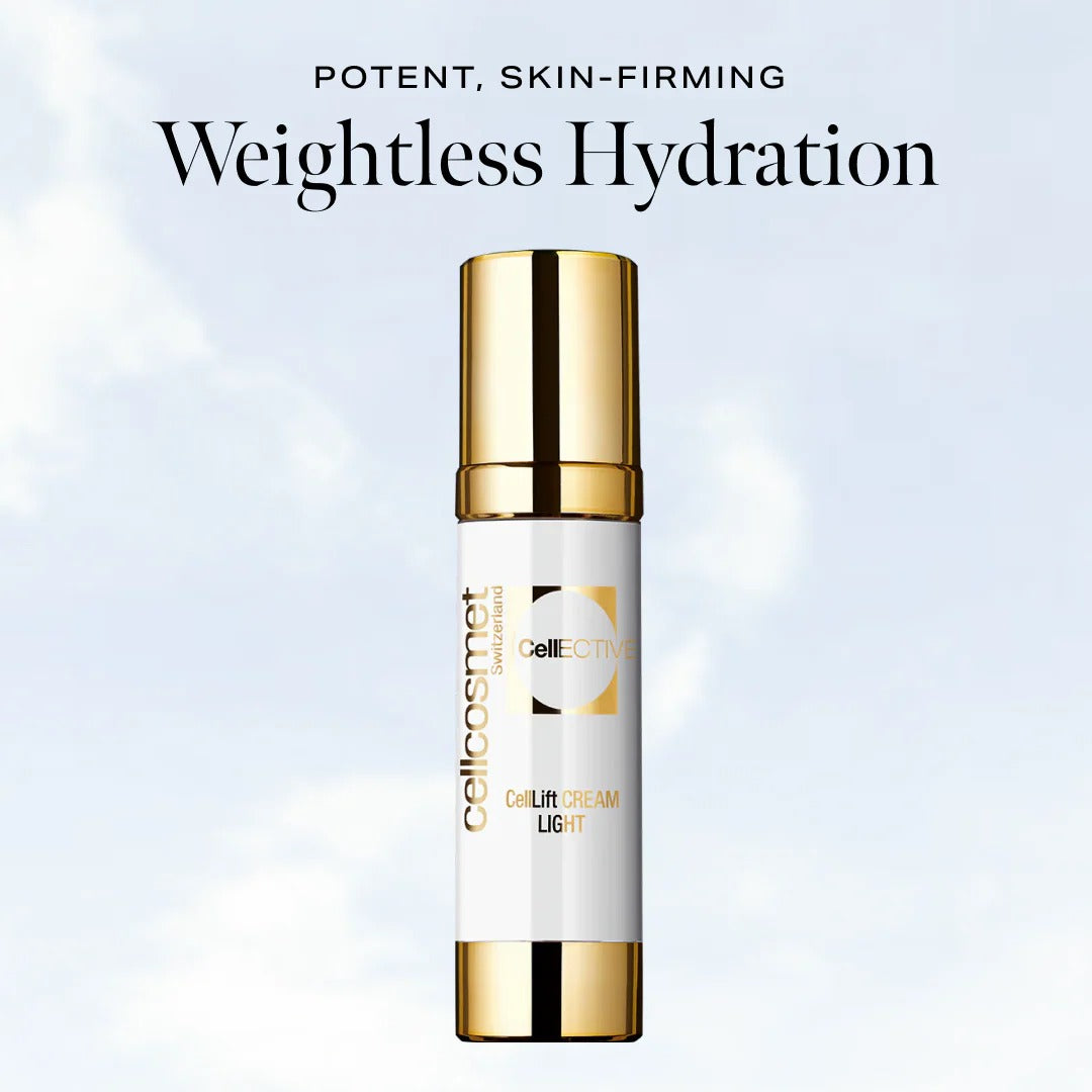 Skincare bottle with gold cap and white label on a light blue background, featuring text 'Potent, Skin-Firming Weightless Hydration'.
