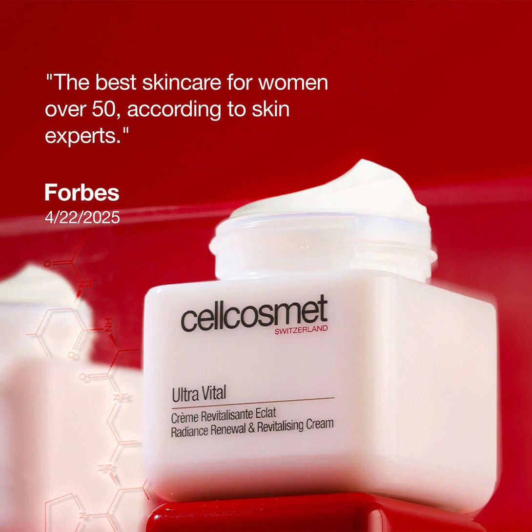 Cellcosmet skincare cream jar with text on a red background