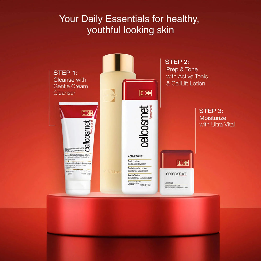 Cellcosmet skincare products on a red platform with a red background