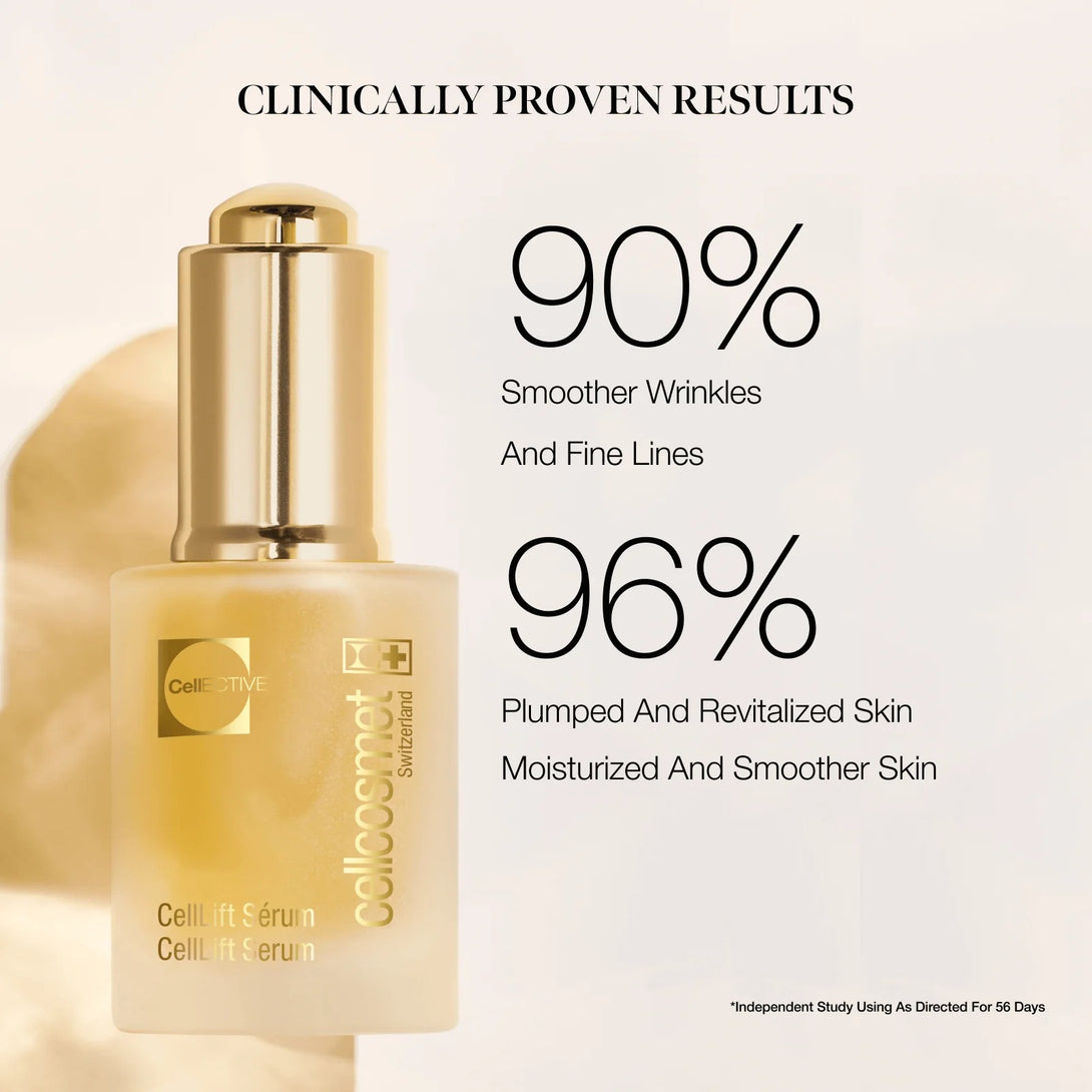 Gold serum bottle with clinical skincare results on a light background