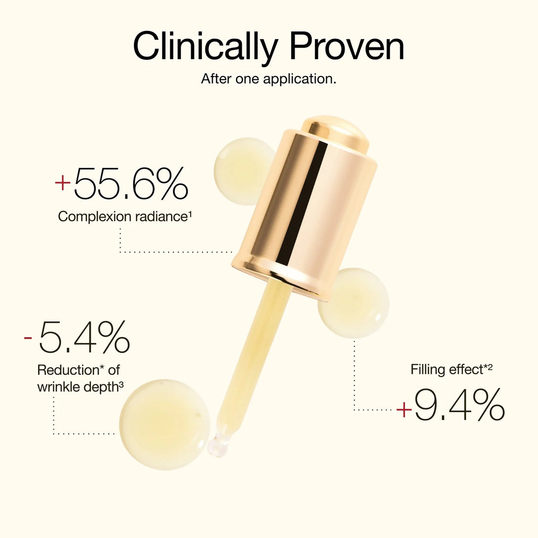 Cosmetic applicator with clinical benefits displayed on a white background