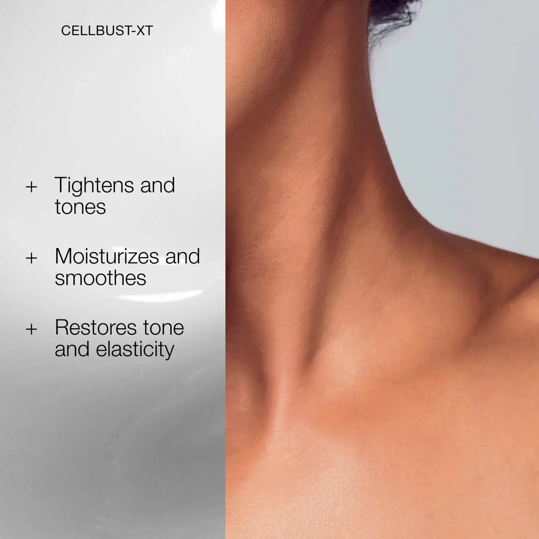 Advertisement for CELLBUST-XT showing a close-up of a person's neck with text highlighting product benefits.
