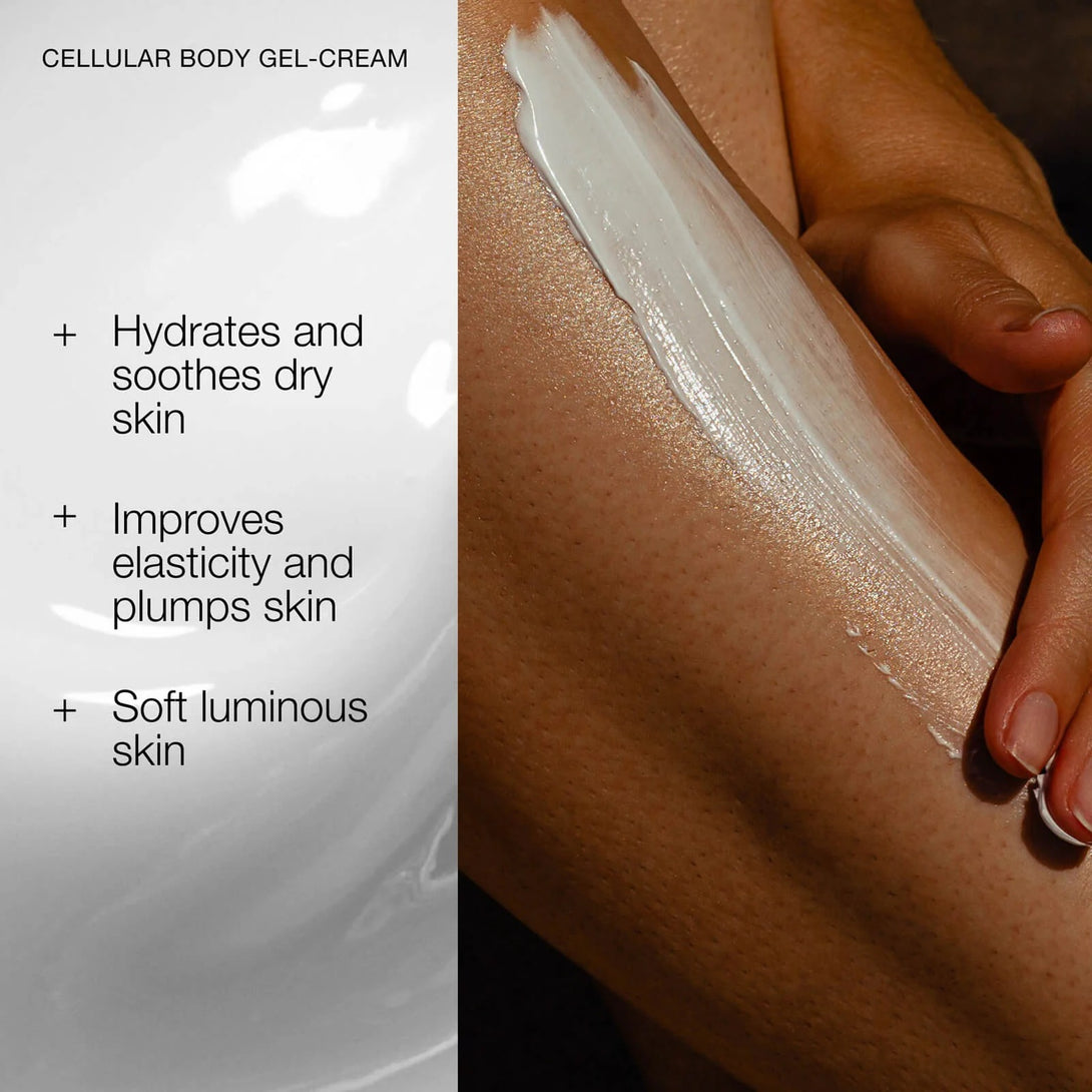 Cellular body gel-cream applied to skin with text highlighting benefits