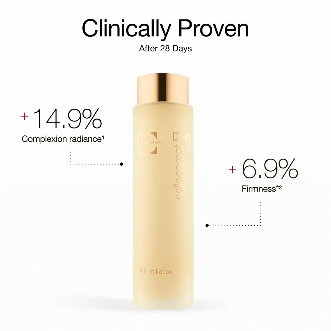 Skincare bottle with clinical benefits on a white background