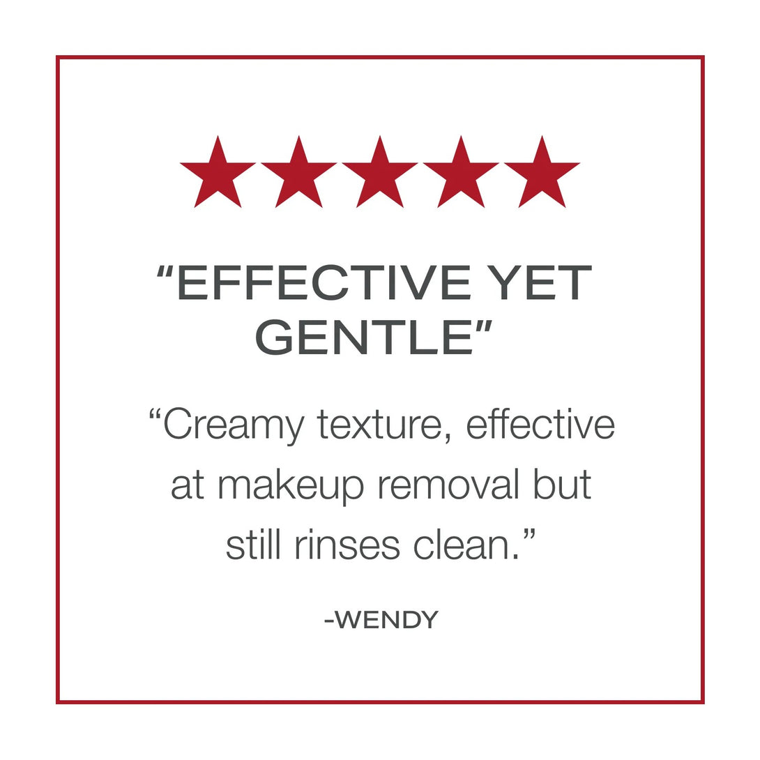 Five-star rating with text describing a product's effectiveness and texture on a white background.