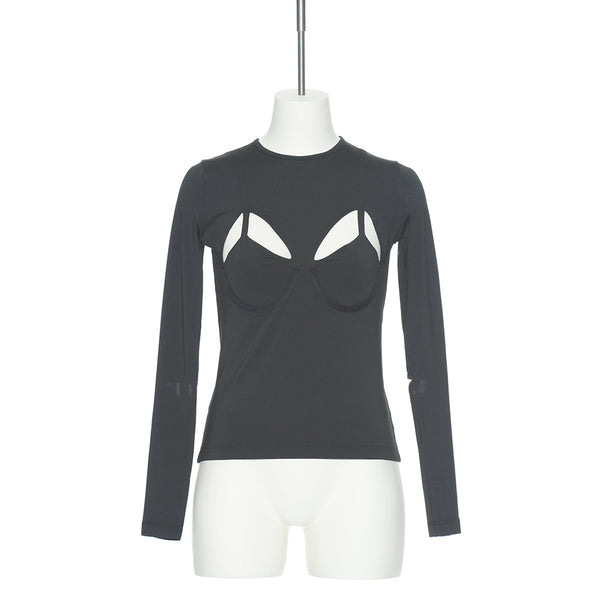 pushBUTTON BLACK CUTOUT FITTED JERSEY TOP