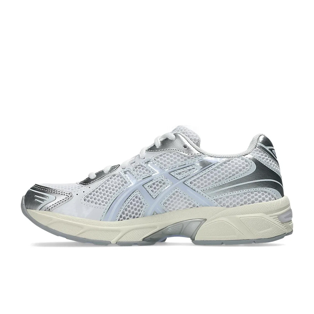 White and gray athletic shoe on a white background