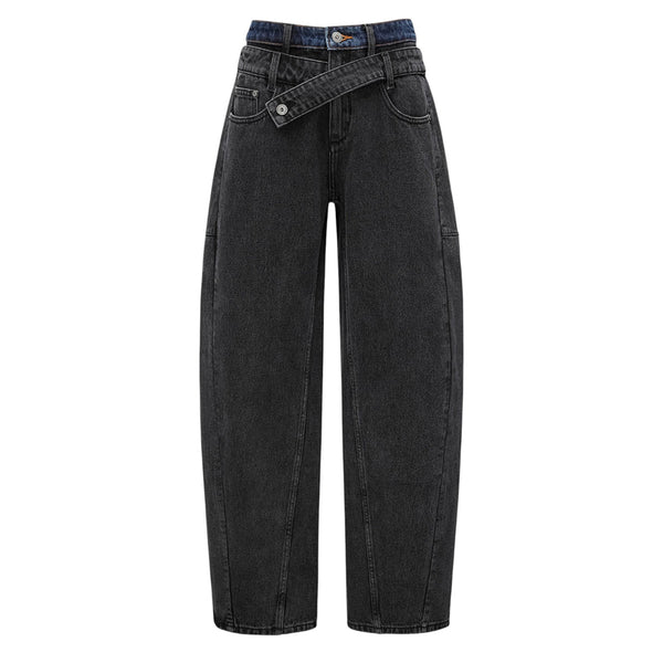 FENG CHEN WANG BLACK DOUBLE WAISTBAND CURVED SEAM JEANS