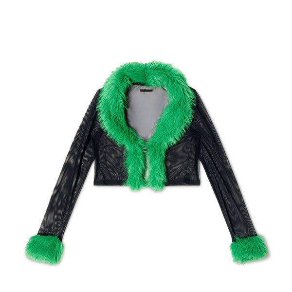 HERON PRESTON FAUX FUR TRIM MESH CARDIGAN BLACK