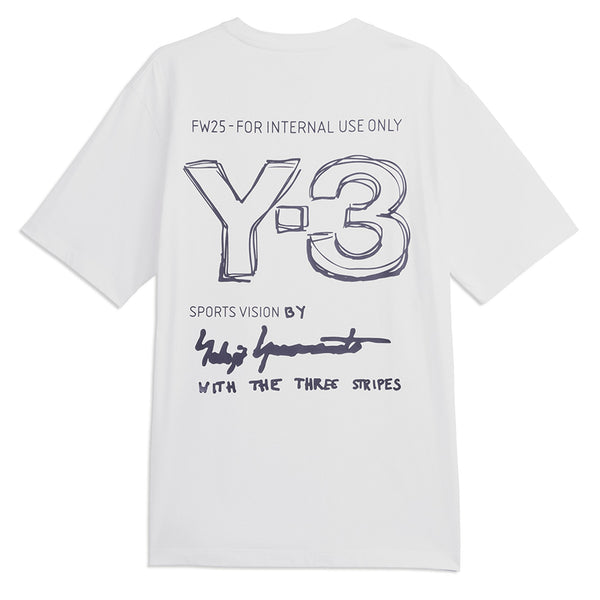 White t-shirt with black text and logo on a white background
