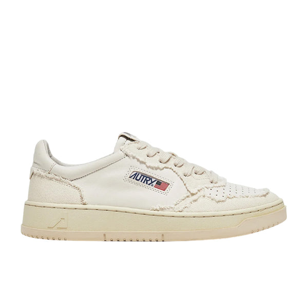 AUTRY UNISEX MEDALIST LOW SNEAKERS IN SOFT GOATSKIN AND FRAYED CANVAS COLOR WHITE AND IVORY WHITE