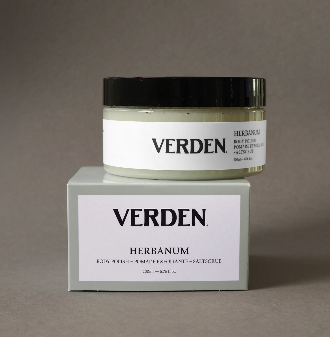 Verden Herbanum body polish jar and box on a gray background