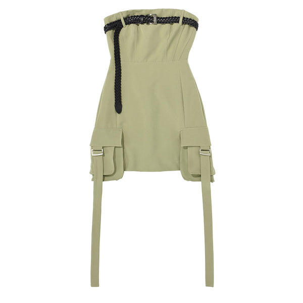 BELTED BONED-BODICE TUBE TOP DRESS